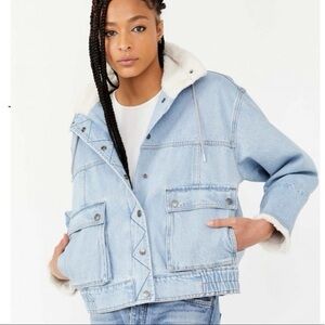 We The Free Light Blue Denim Jacket with White Fleece Collar